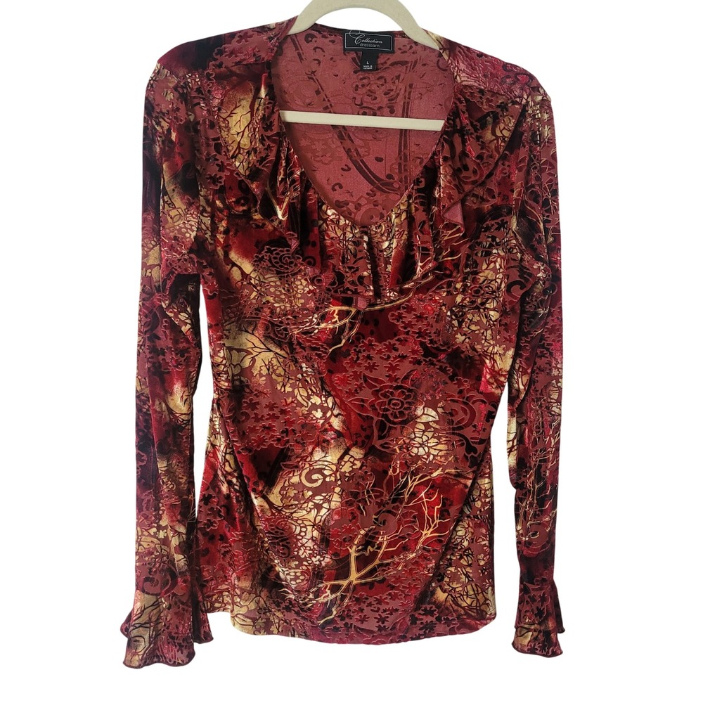 Dressbarn Collection Red Gold Burnout Velvet Ruffle V-Neck Bell Sleeve Top Large